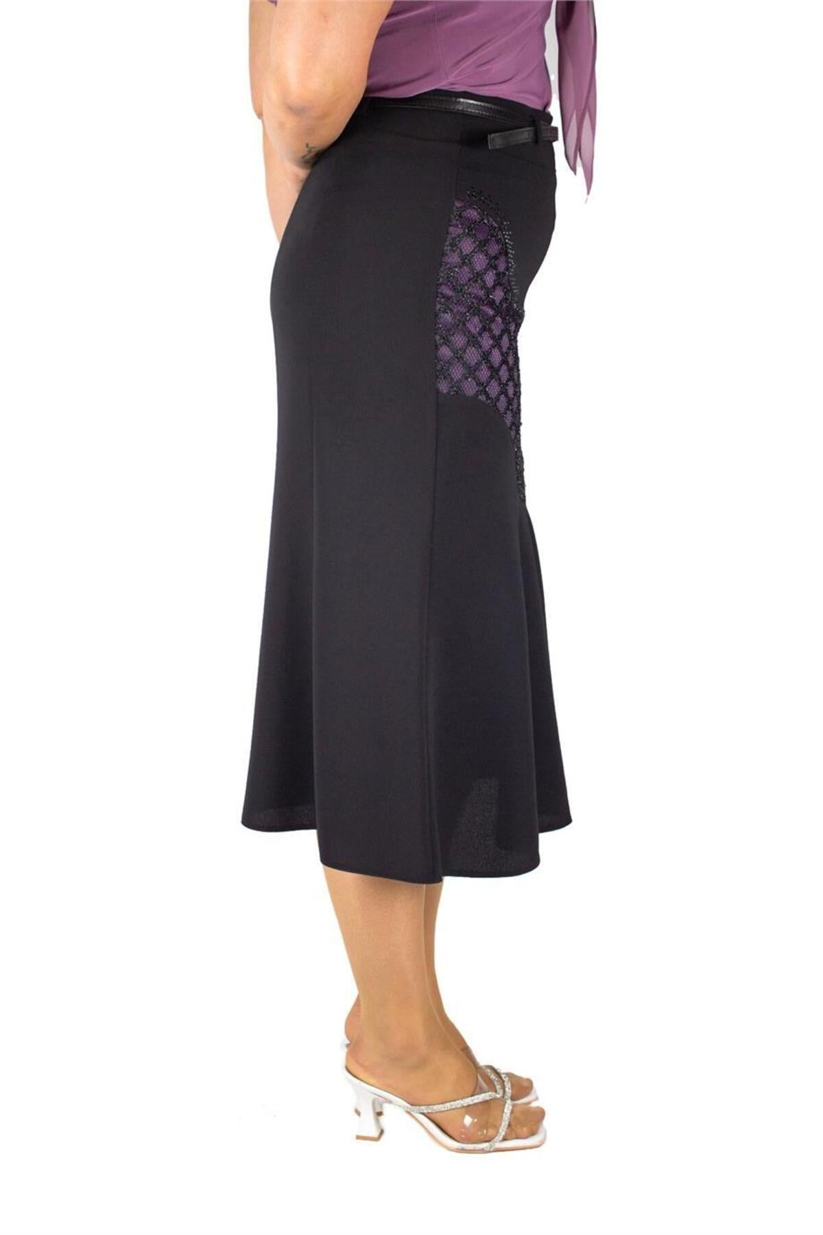 Plus Size Embellished Guipure-Panel Midi Skirt in Black with purple detailing – additional product view