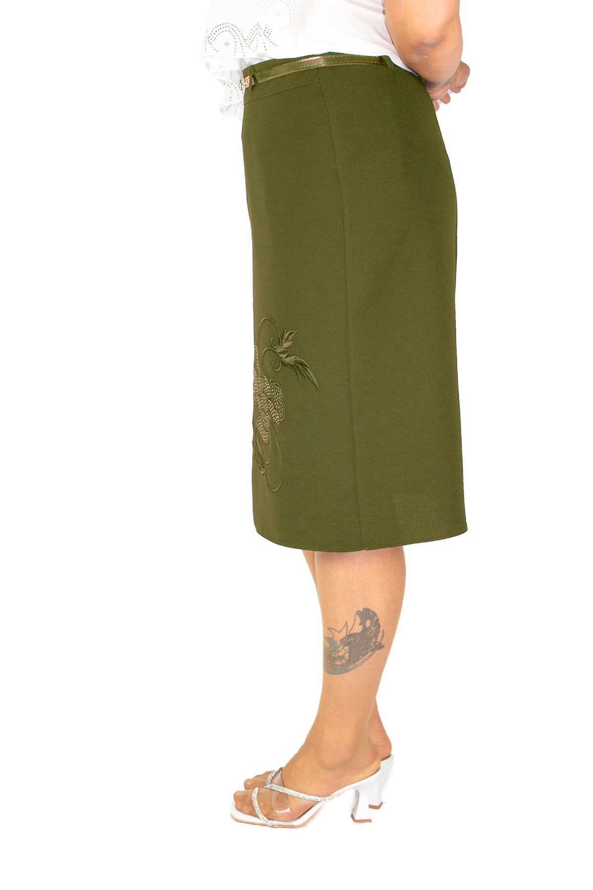 Plus Size Floral Embellished Straight Skirt in Khaki – additional product view