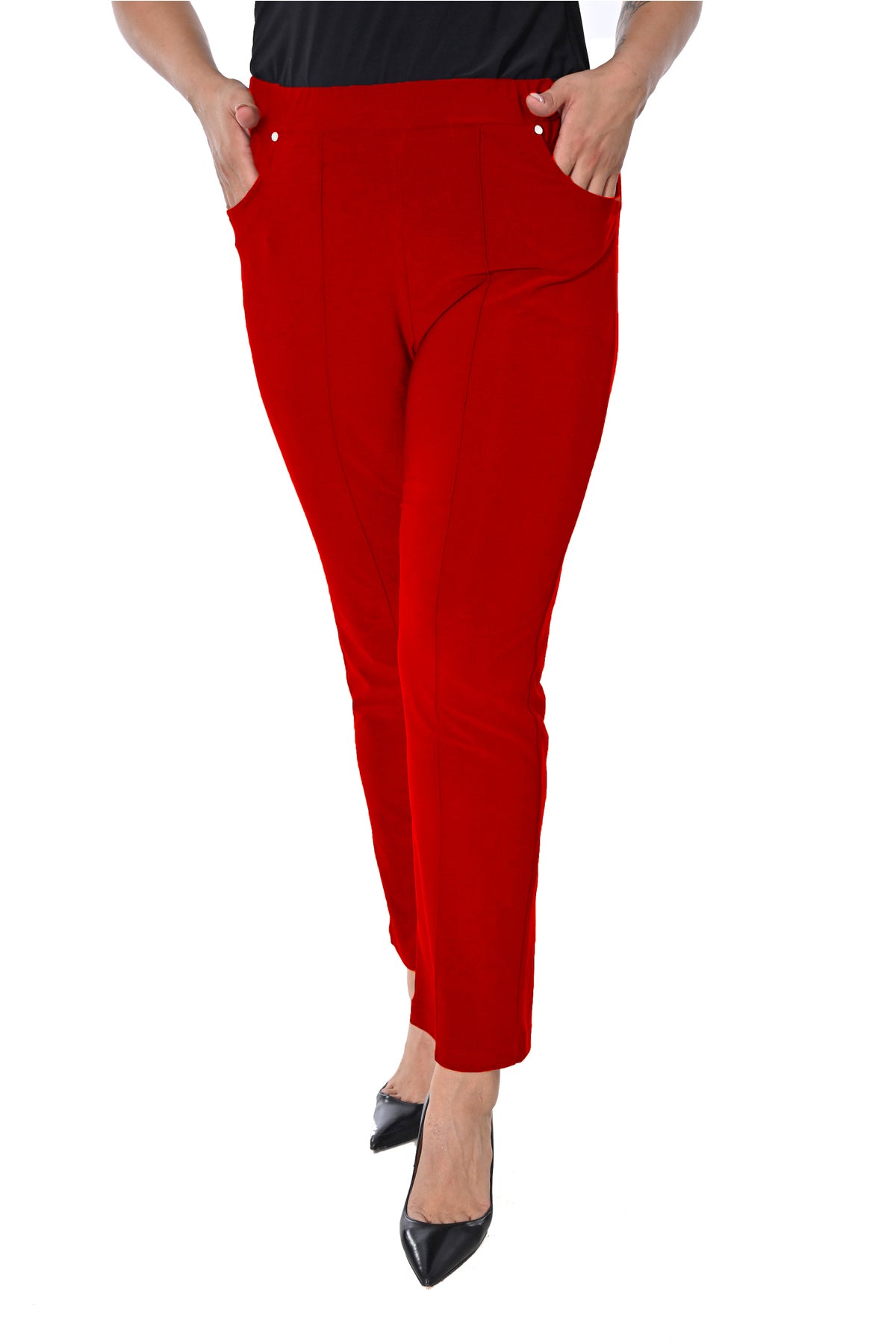 Plus Size Elastic-Waist Straight-Leg Trousers in Red – additional product view