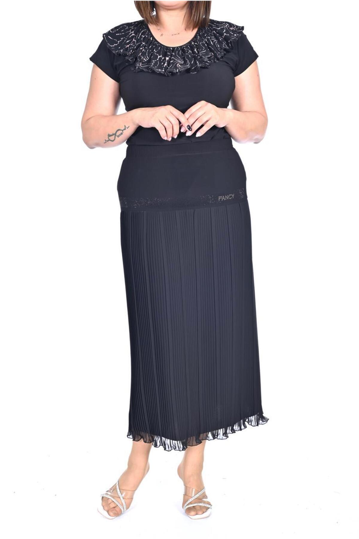 Plus Size Embellished Band Pleated Chiffon Skirt in Black – Lady Fancy wholesale size pack