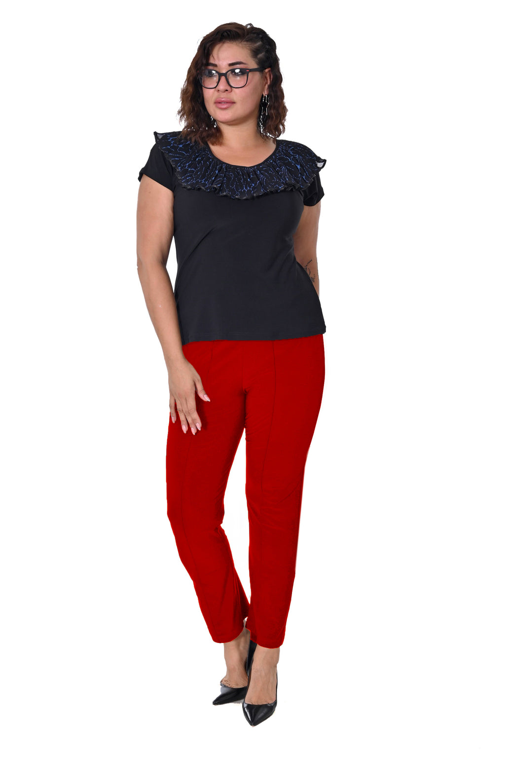 Plus Size Elastic-Waist Straight-Leg Trousers in Red – additional product view