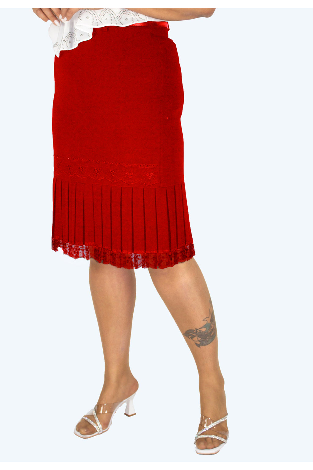 Plus Size Lace-Trim Pleated Skirt in Red – additional product view