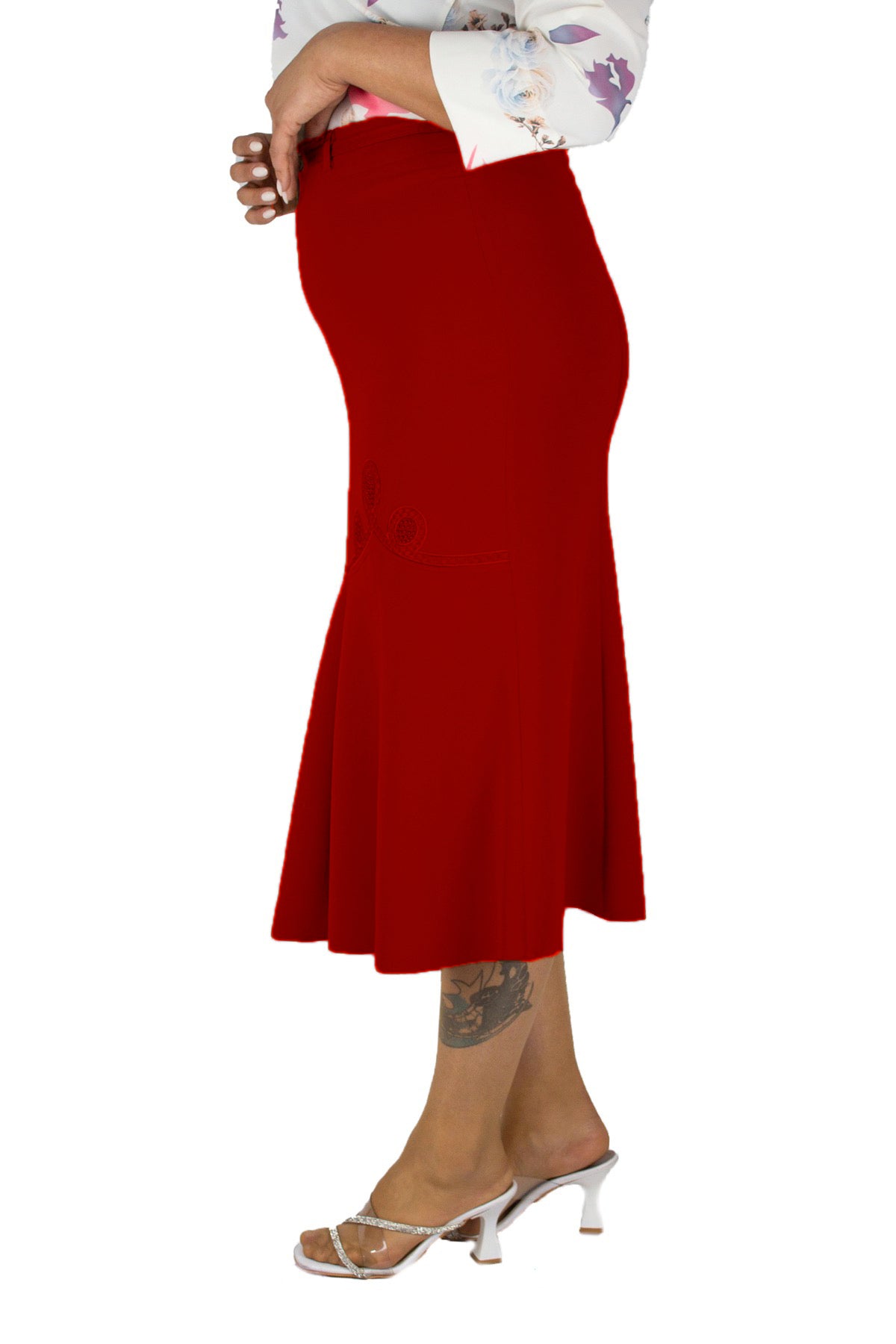 Plus Size Embroidered Fishtail Midi Skirt in Burgundy – additional product view