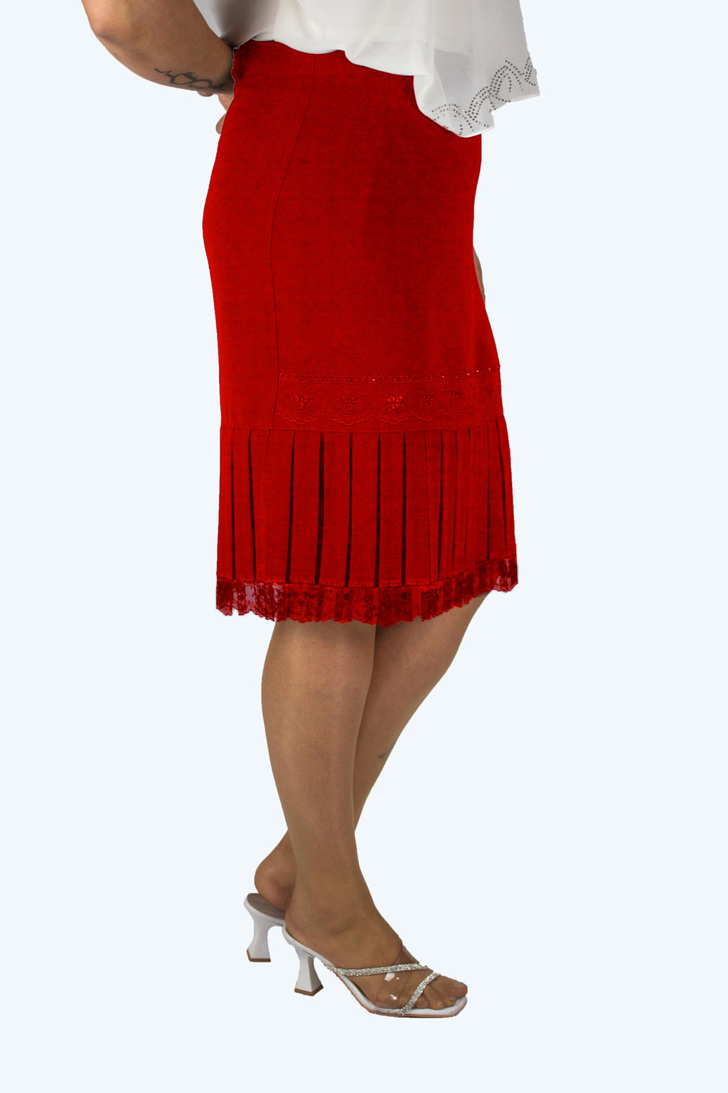 Plus Size Lace-Trim Pleated Skirt in Red – additional product view