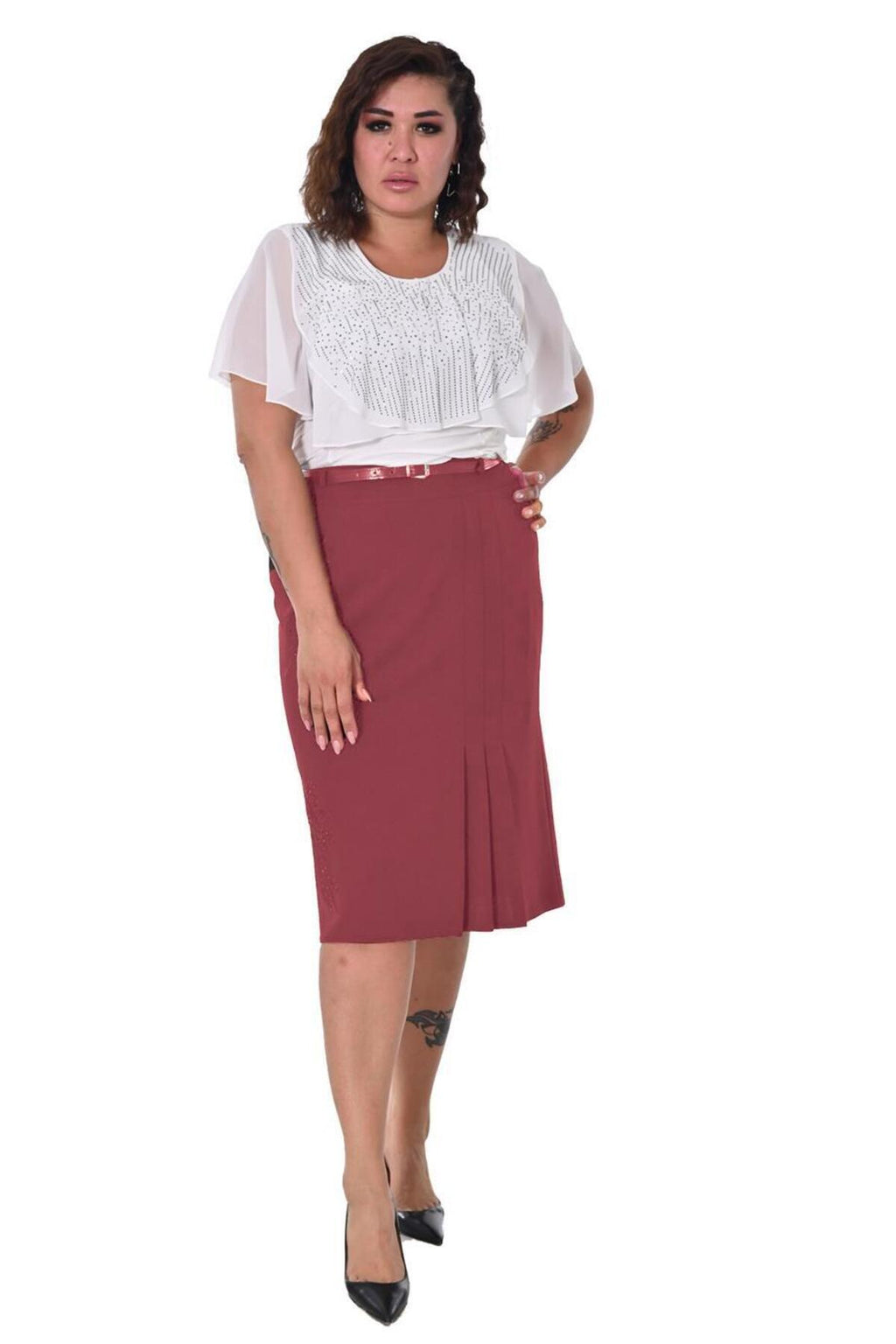 Plus Size Floral Embellished Pleat-Detail Skirt in Burgundy – additional product view