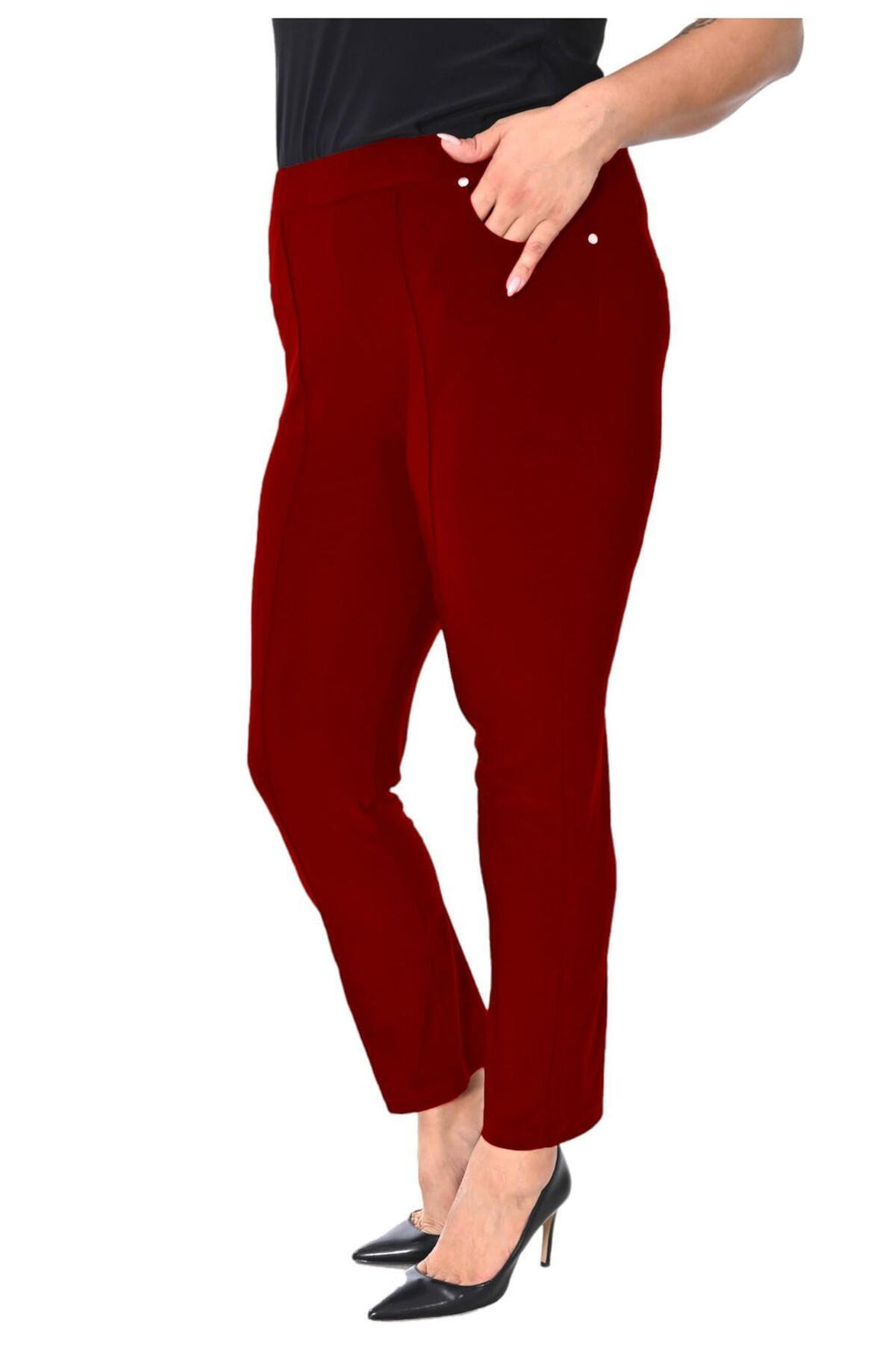 Plus Size Elastic-Waist Straight-Leg Trousers in Burgundy – additional product view