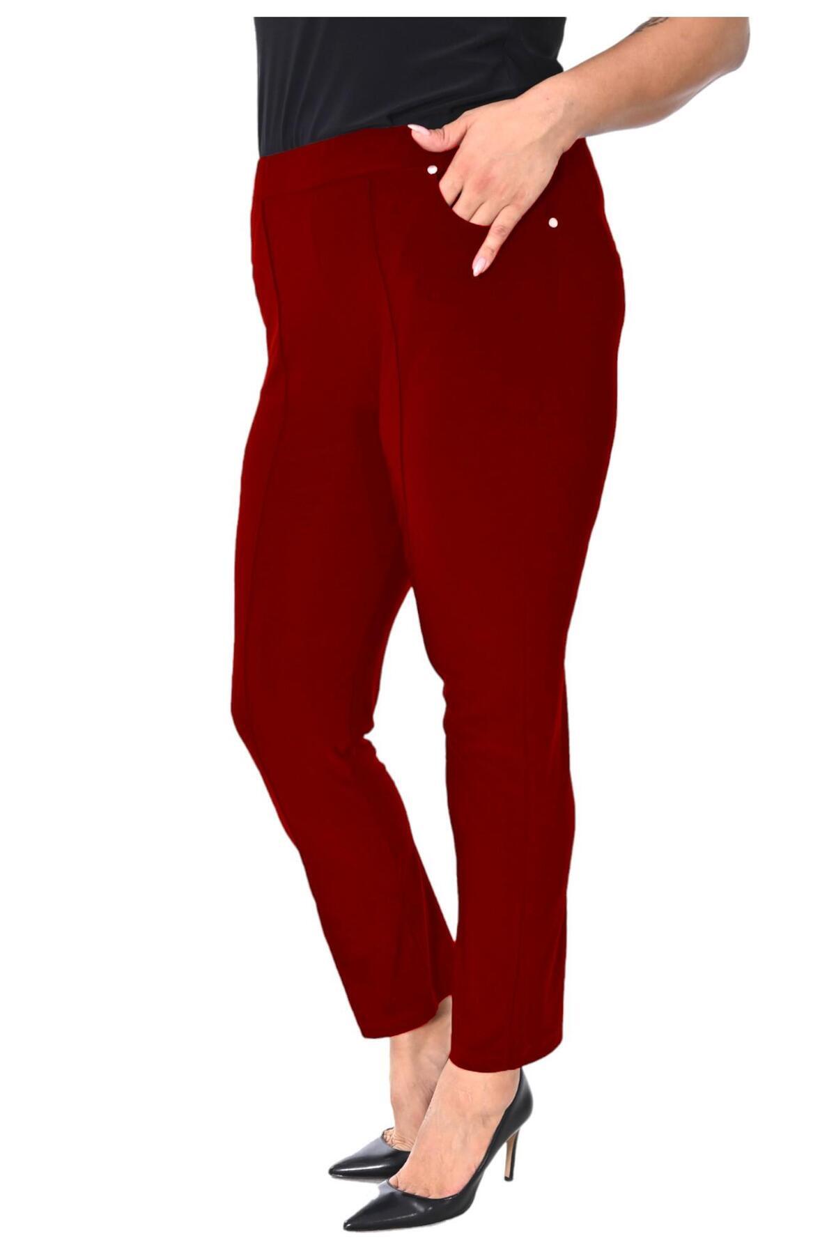 Plus Size Elastic-Waist Straight-Leg Trousers in Burgundy – additional product view