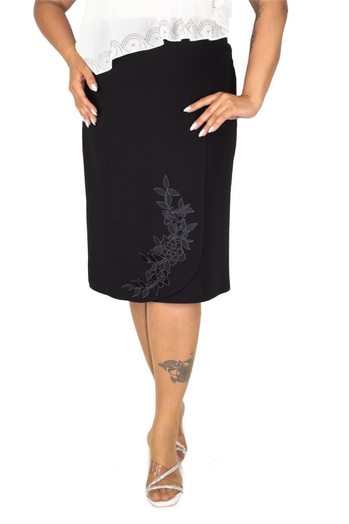 Plus Size Botanical Embroidered Wrap-Effect Skirt in Black – Lady Fancy wholesale size pack