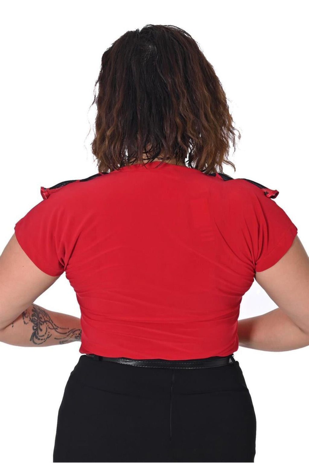 Plus Size Spotted Ruffle-Neck Blouse in Red with black spotted neckline – additional product view