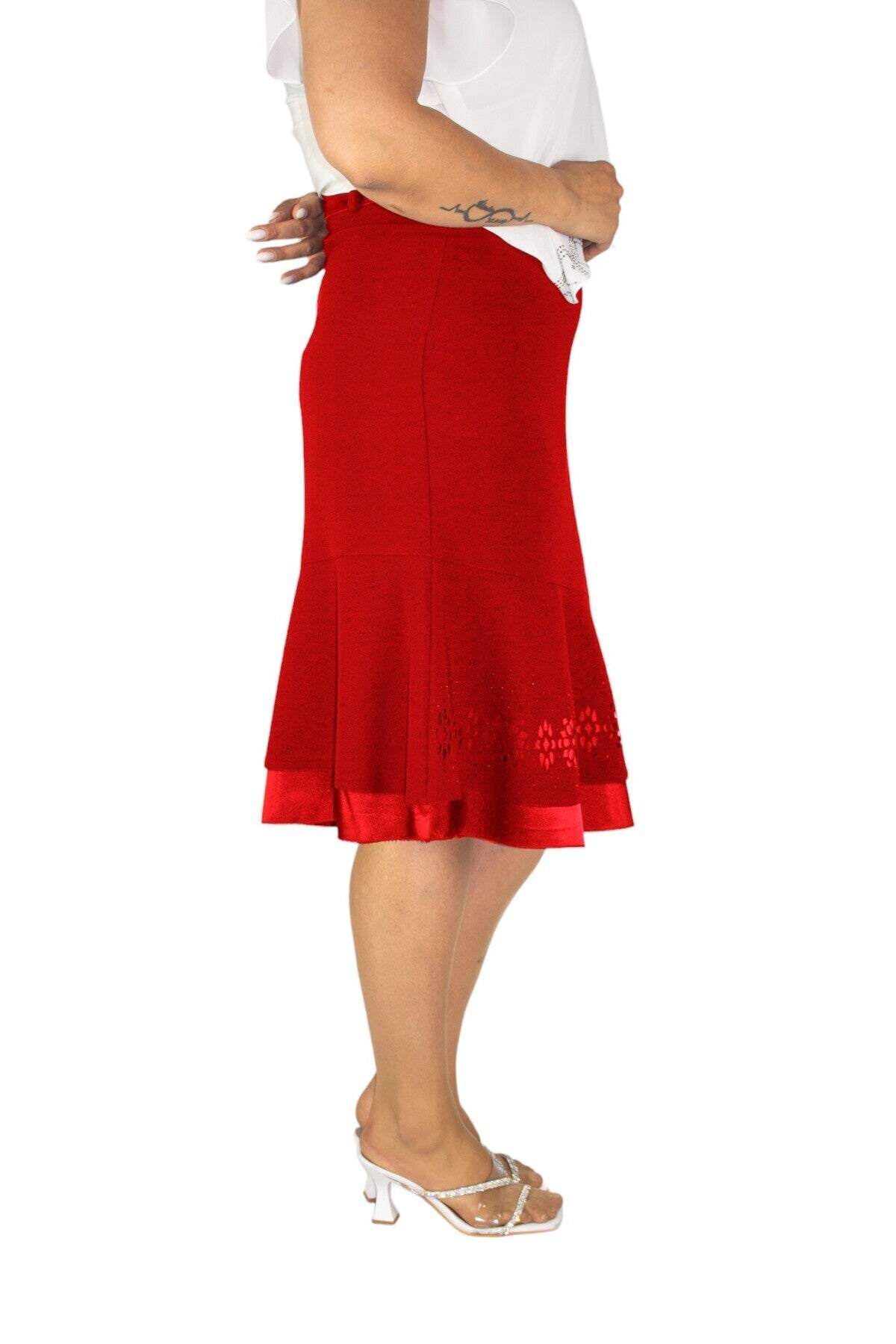 Plus Size Embellished Satin-Flounce Skirt in Red – additional product view
