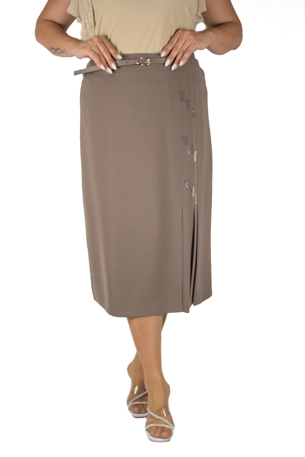 Plus Size Embellished Pleat-Detail Midi Skirt – Taupe