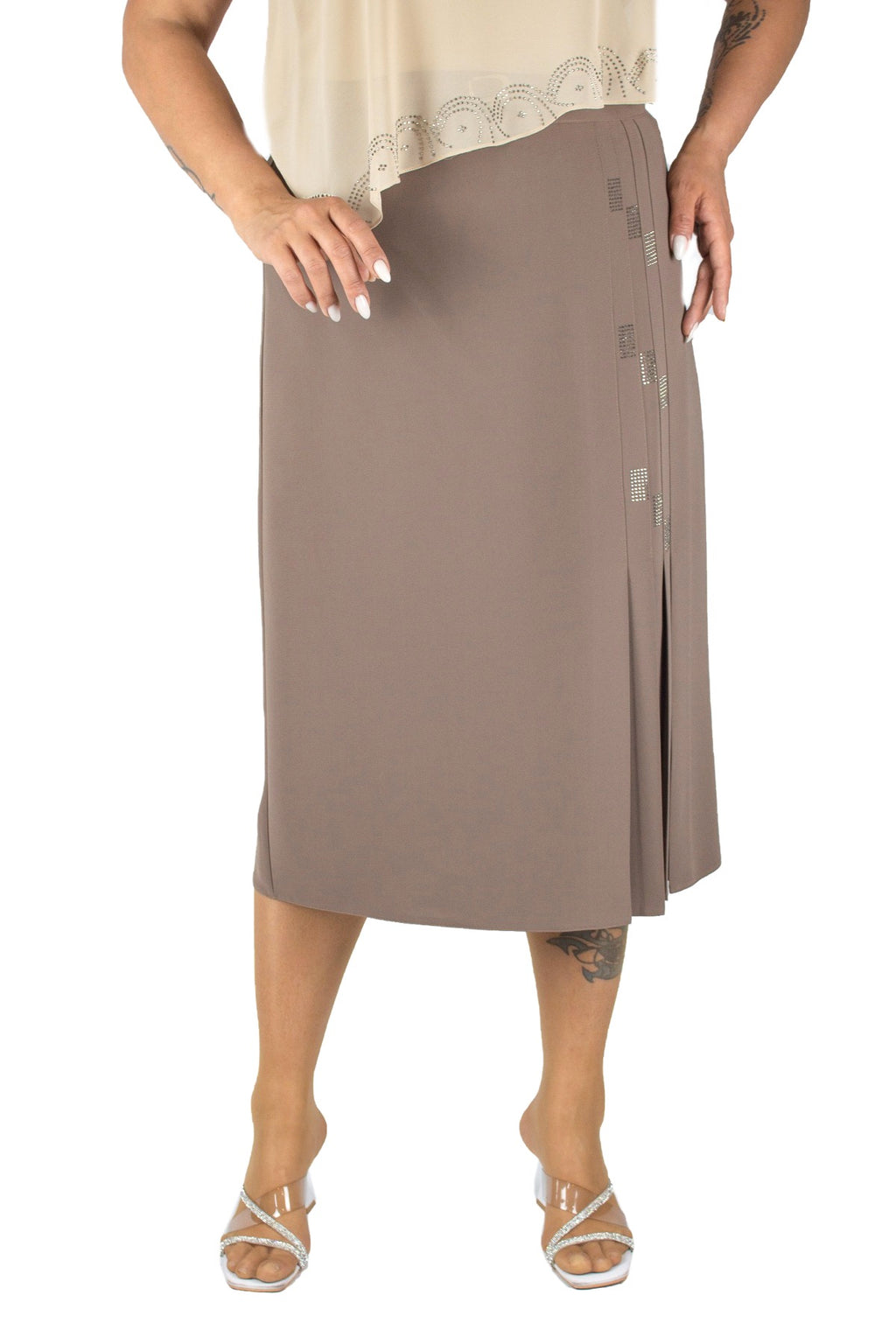 Plus Size Embellished Pleat-Detail Midi Skirt – Taupe