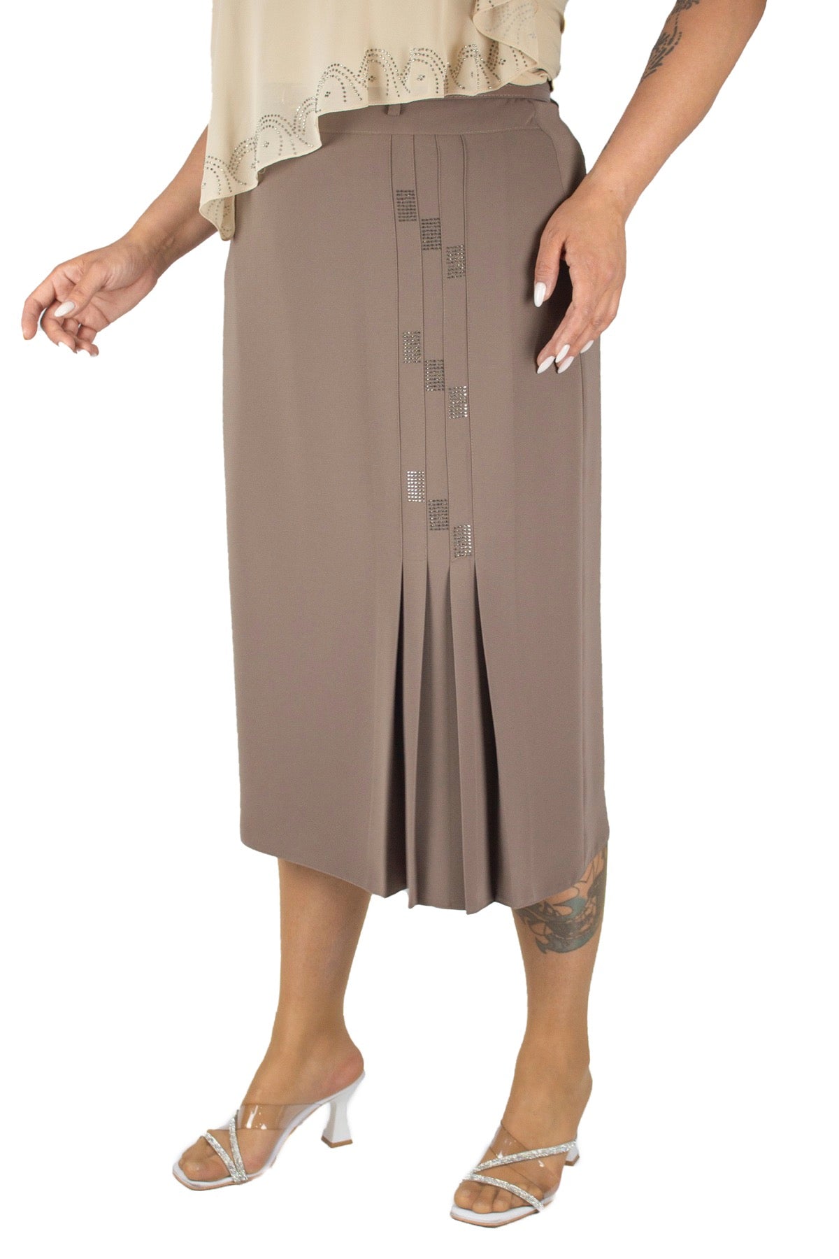 Plus Size Embellished Pleat-Detail Midi Skirt – Taupe