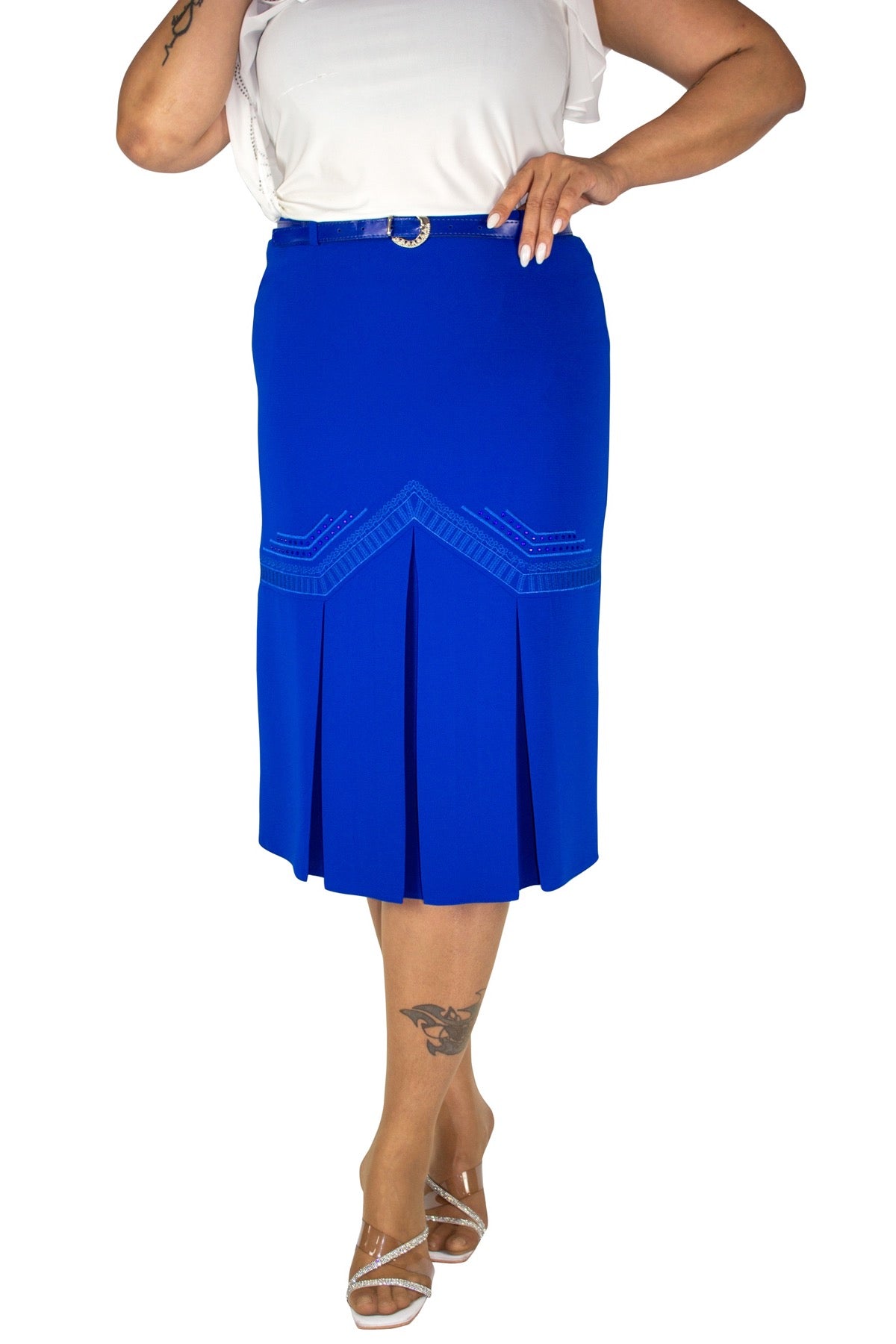 Plus Size Chevron Embroidered Pleated Skirt – Royal Blue