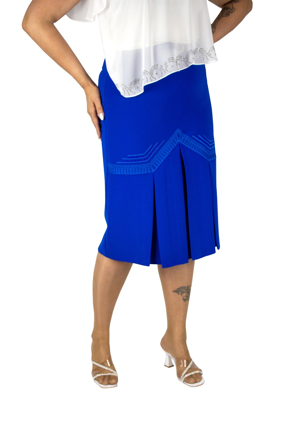 Plus Size Chevron Embroidered Pleated Skirt – Royal Blue