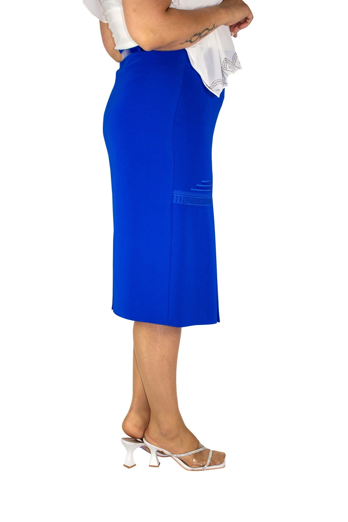 Plus Size Chevron Embroidered Pleated Skirt – Royal Blue