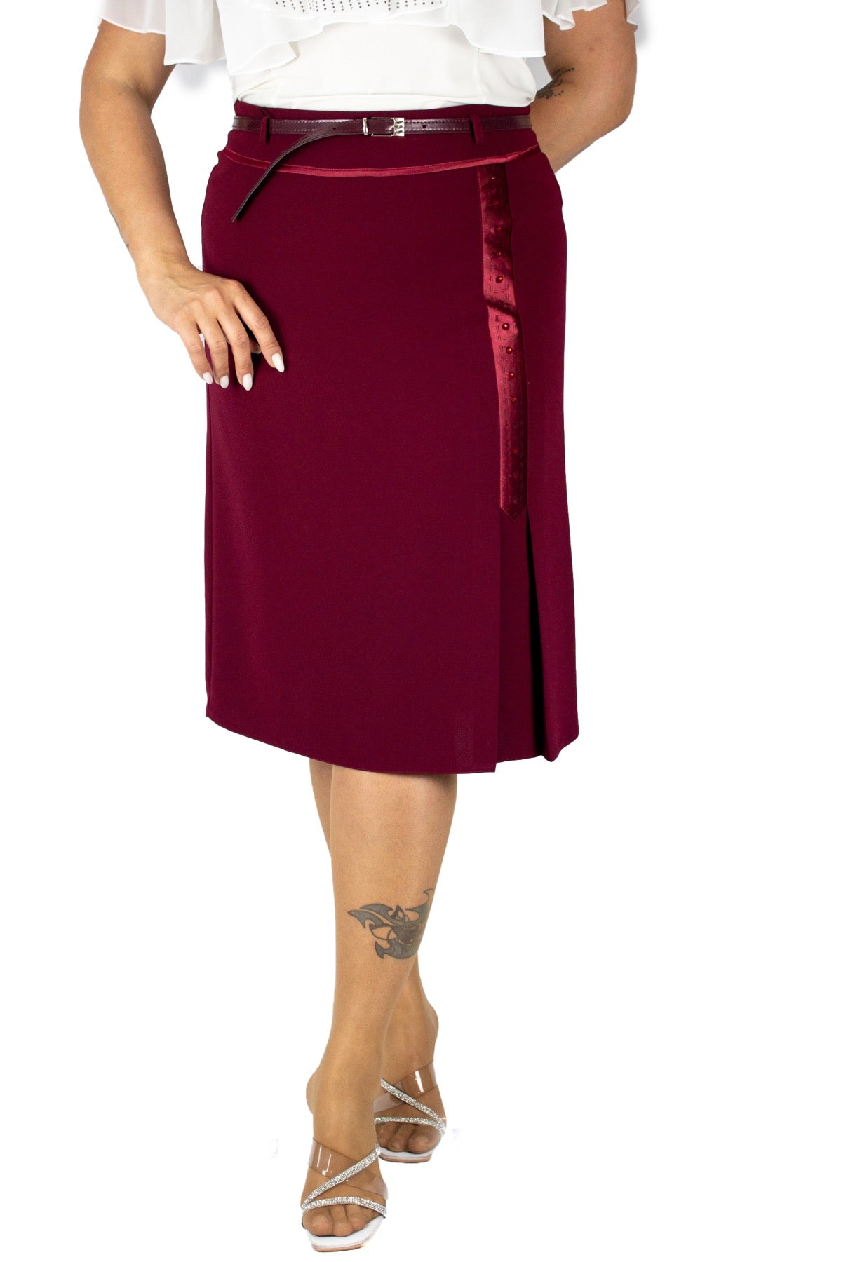 Plus Size Satin-Trim Embellished Skirt – Burgundy