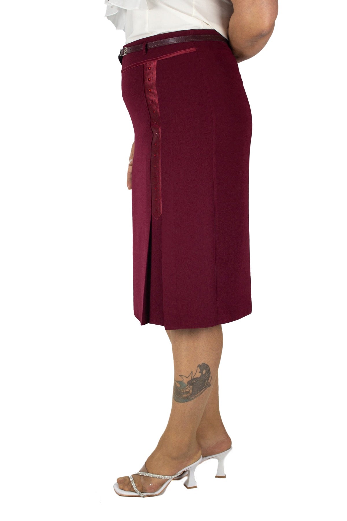 Plus Size Satin-Trim Embellished Skirt – Burgundy