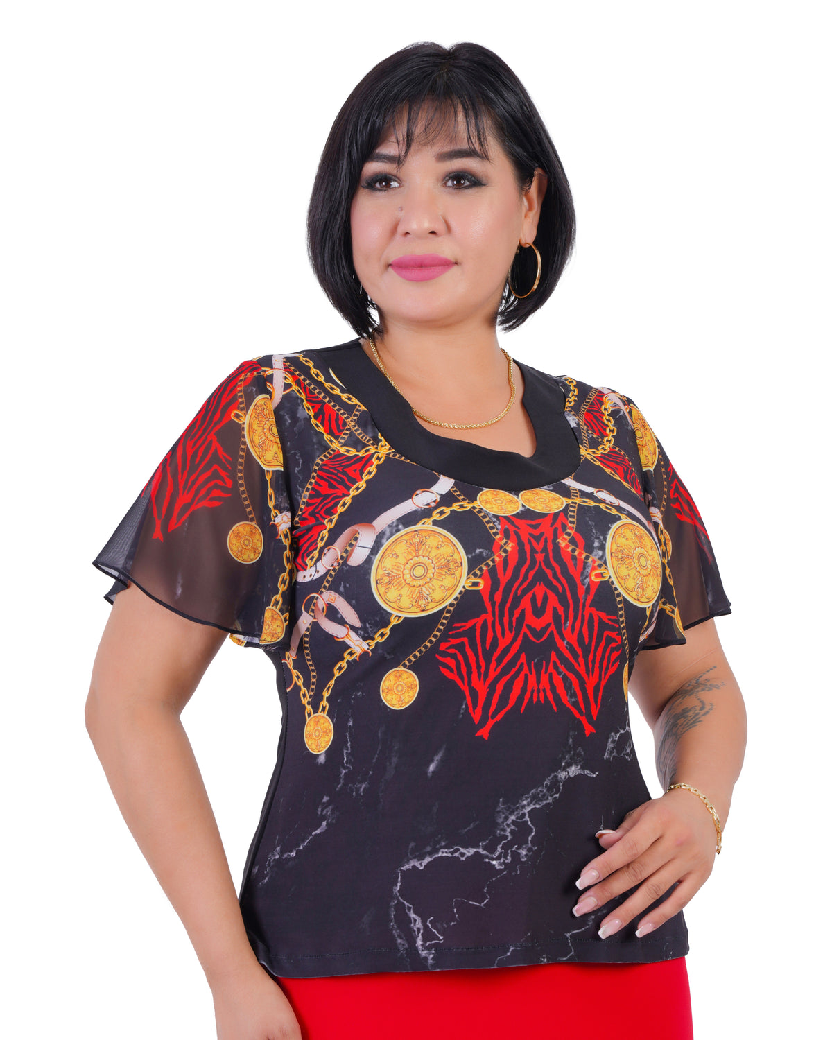Plus Size Chain-Print Blouse in Black / red chain print – Lady Fancy wholesale size pack