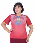 Plus Size Printed Sheer-Sleeve Blouse in Coral / multicolour print – Lady Fancy wholesale size pack