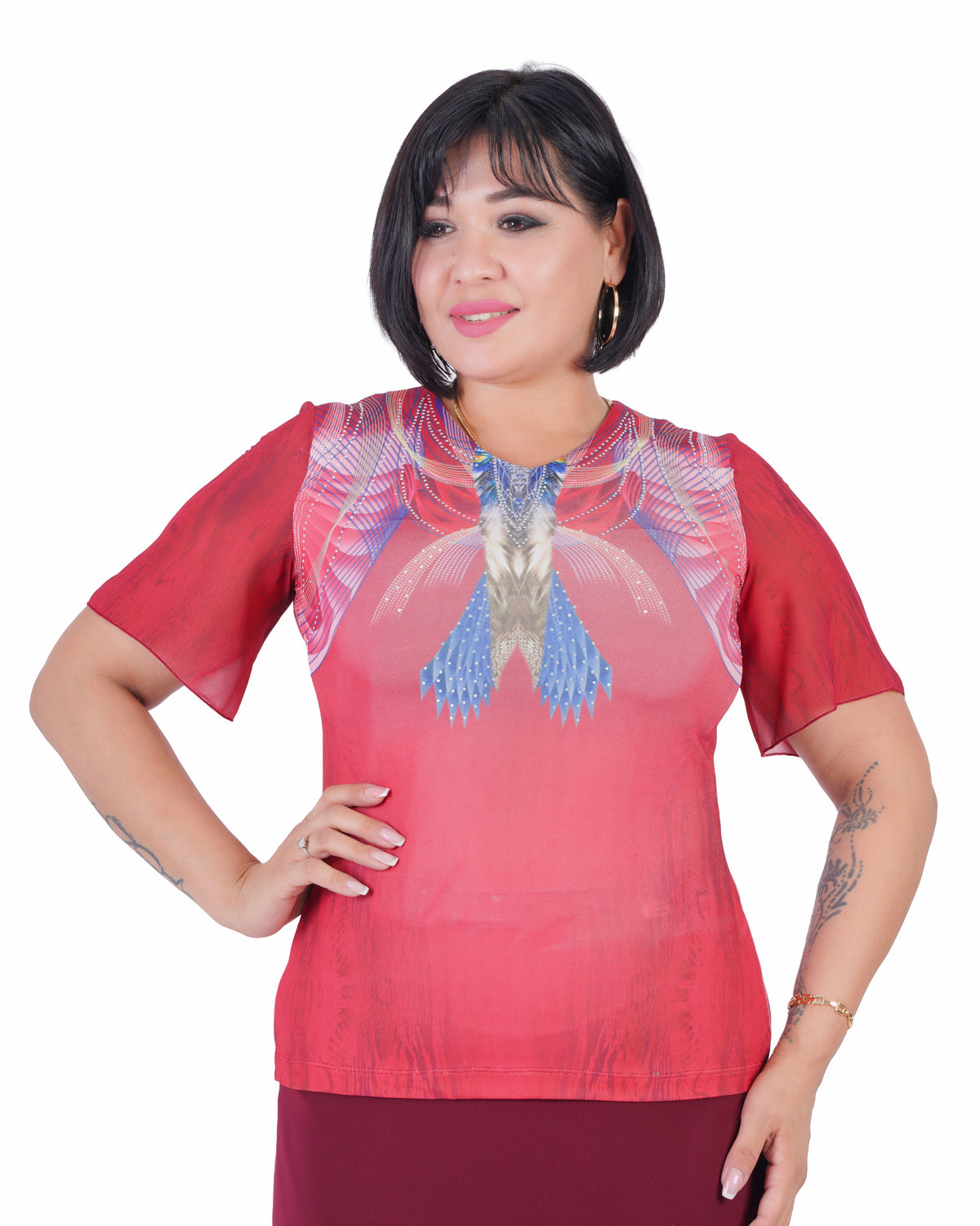 Plus Size Printed Sheer-Sleeve Blouse in Coral / multicolour print – Lady Fancy wholesale size pack