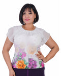 Plus Size Floral Ruffle-Neck Blouse in White / floral print – Lady Fancy wholesale size pack