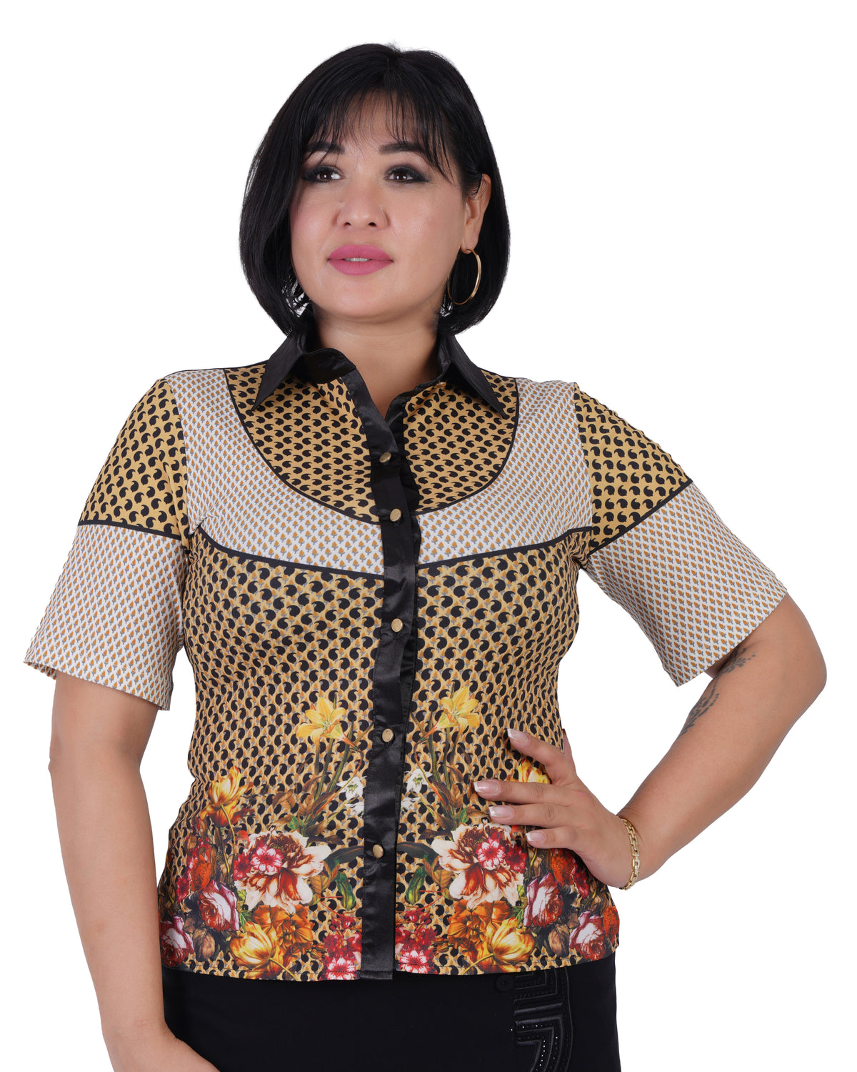 Plus Size Geometric Floral Blouse in Black / tan print – Lady Fancy wholesale size pack