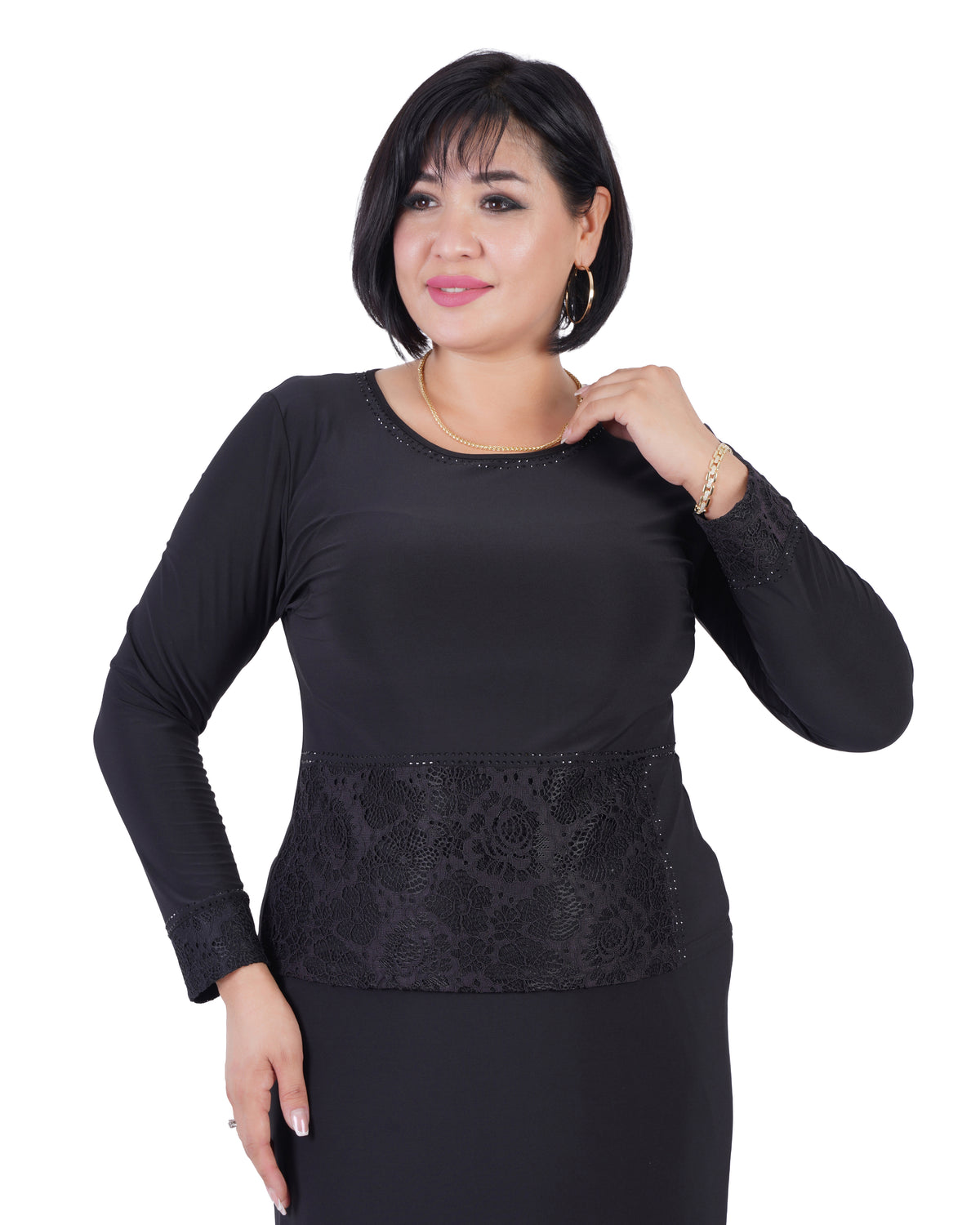 Plus Size Lace-Panel Long-Sleeve Blouse in Black – Lady Fancy wholesale size pack