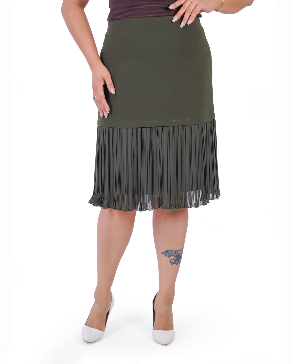 Plus Size Contrast Pleated-Hem Skirt in Olive / dark pleats – Lady Fancy wholesale size pack
