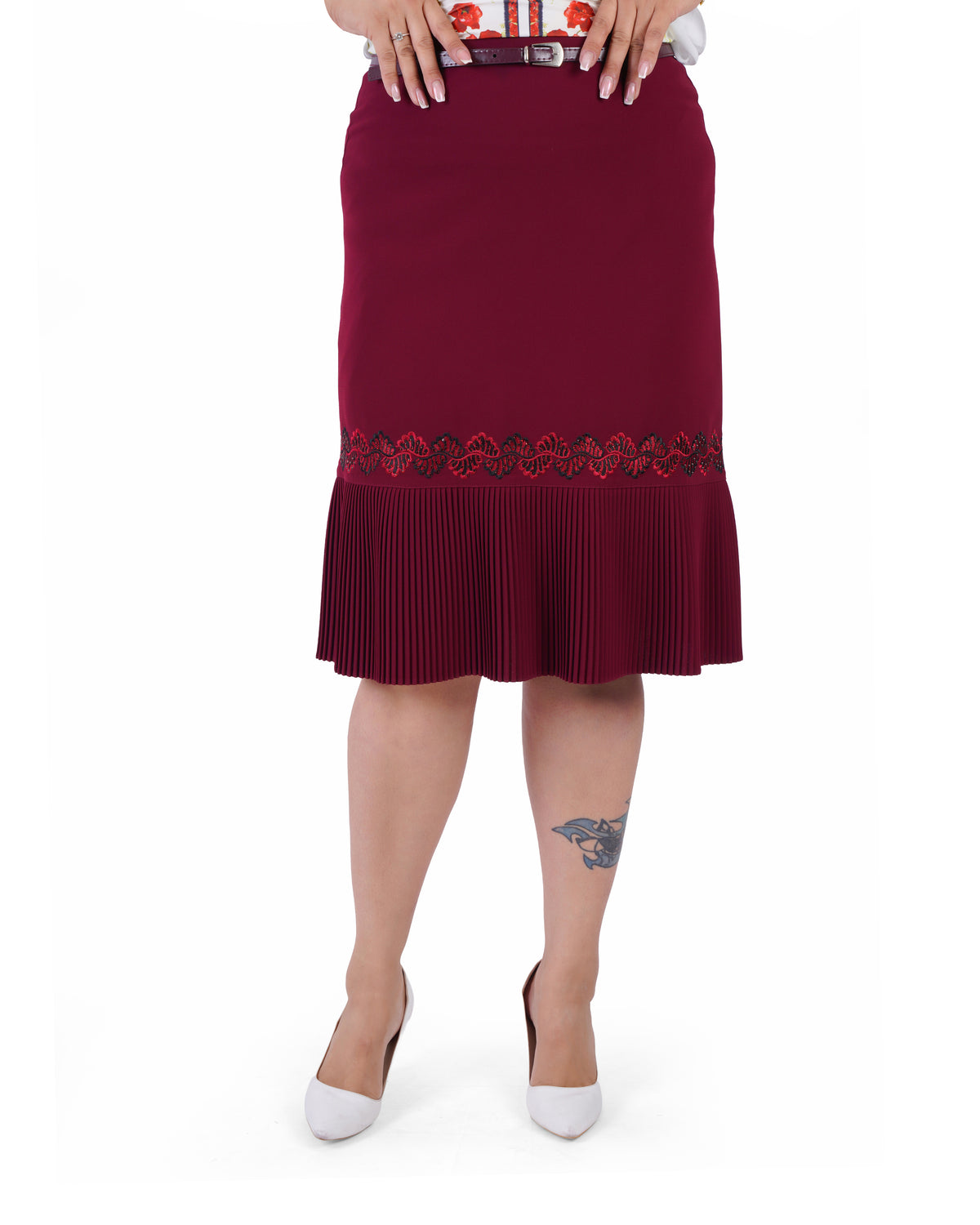 Plus Size Floral Band Pleated Skirt in Burgundy – Lady Fancy wholesale size pack