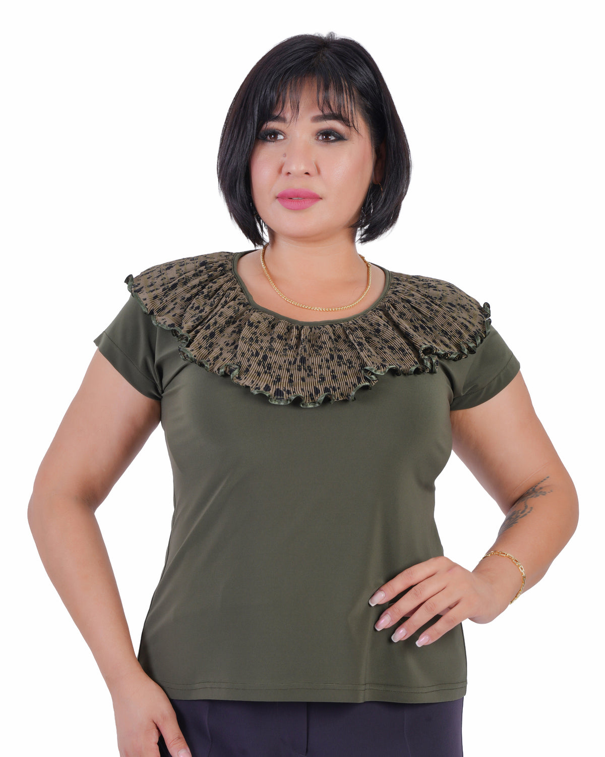 Plus Size Leopard Ruffle-Neck Blouse in Olive / leopard print – Lady Fancy wholesale size pack